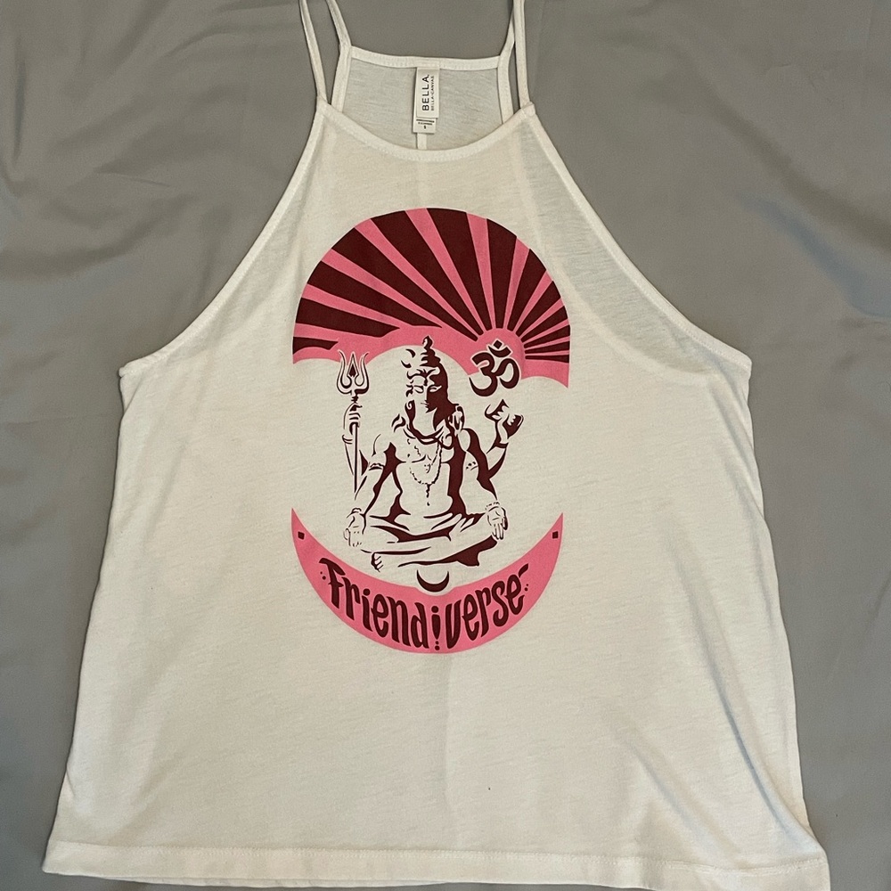 Lord Shiva Design Unique Style White, Pink, Red Womens Flowy Tank Top Size Small